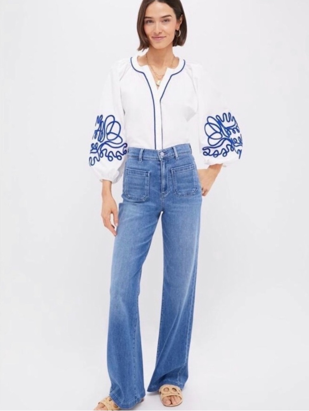 Tuckernuck Hyacinth House White Royal Blue Soutache Stella Blouse Embroidered M - Picture 3 of 11